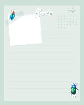 Calendar August 2022 collage with bugs and lined paper for notes, to-do list Illustration