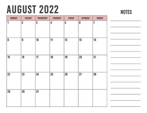 Calendar august 2022 with simple landscape design Illustrazione stock