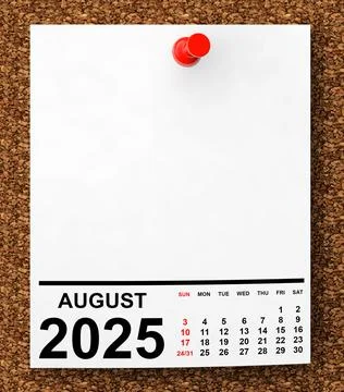 Calendar August 2025 on Blank Note Paper. 3d Rendering Illustrazione stock