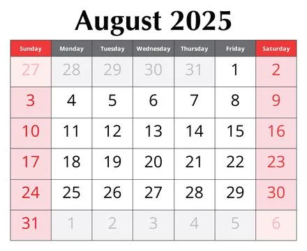 Calendar for August 2025. Design vector illustration. English page of summe.. Illustrazione stock