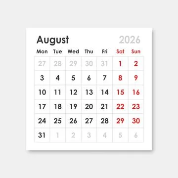 Calendar august 2026 icon in flat style. Planner sticker vector illustratio.. Stock Illustration