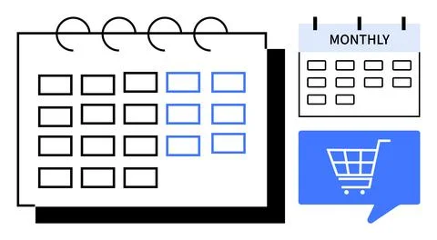 Calendar with black rings, grid layout, small monthly calendar, and a shoppin Stock Illustration