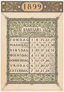 Calendar blade for January 1899. A rectangular frame filled with the days ... Foto stock