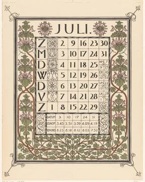 Calendar blade for July 1899. A rectangular frame filled with the days of ... Stock Photos
