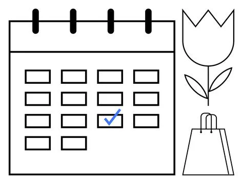Calendar with Blue Check Mark Next to Flower and Shopping Bag, Signifying E.. Illustration