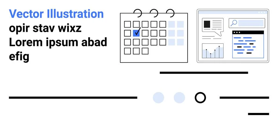 Calendar with check mark, analytics dashboard with graph, and centered text.  イラスト素材