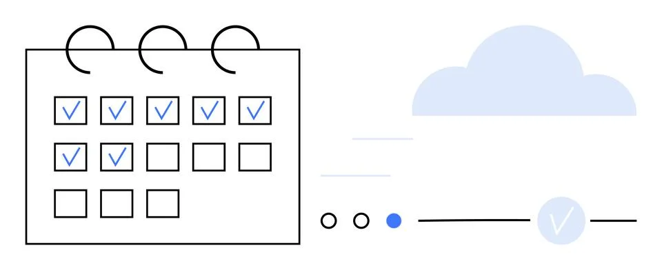 Calendar with Check Marks and Cloud Symbolizing Data Sync or Backup Process Illustrazione stock