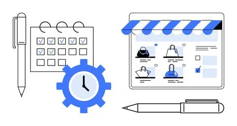 Calendar with check marks, clock gear, e-commerce webpage with bags under awn イラスト素材