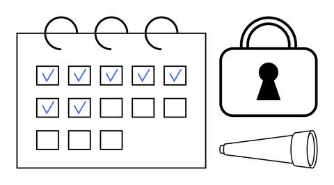 Calendar with check marks, large lock, and telescope. Ideal for time manageme Illustrazione stock