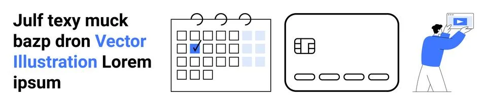 Calendar with checked date, a notepad, person looking at screen. Ideal for pr Stock Illustration