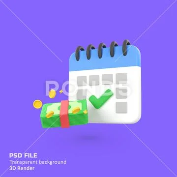 Calendar checklist with banknotes and gold coins isolated 3d render icon il.. PSD Template