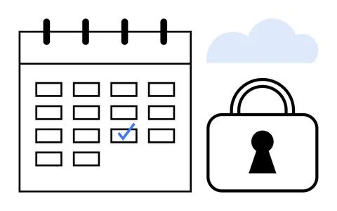 Calendar with Checkmark Next to a Lock and Cloud, Symbolizing Secure Schedu.. Illustrazione stock