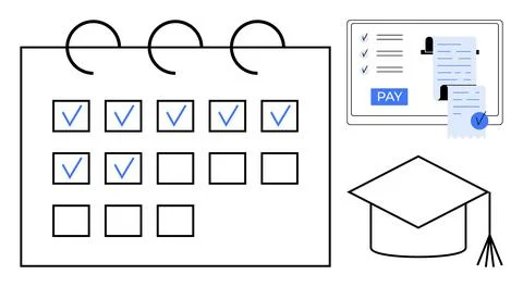 Calendar with Checkmarks, Online Payment Screen, and Graduation Cap Represe.. Stock Illustration