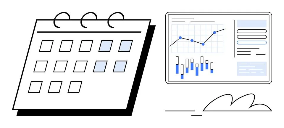 Calendar with circled dates next to a data analytics dashboard showcasing lin Illustrazione stock