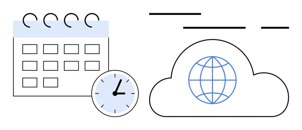 Calendar, clock, and cloud with globe icon emphasizing digital scheduling. Id Stock Illustration