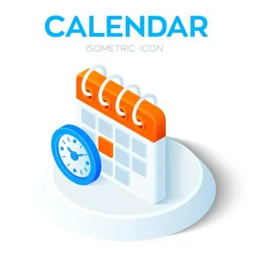 Calendar with Clock Icon. 3D Isometric Calendar with Clock sign. Created For  Stock Illustration