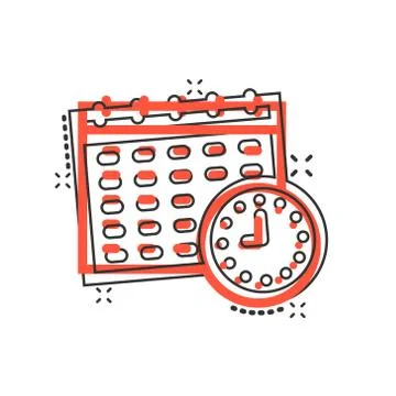 Calendar with clock icon in comic style. Agenda cartoon vector illustration o Stockillustratie