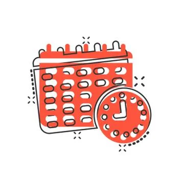 Calendar with clock icon in comic style. Agenda cartoon vector illustration o Illustrazione stock