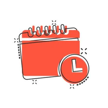 Calendar with clock icon in comic style. Agenda cartoon vector illustration o Stock Illustration
