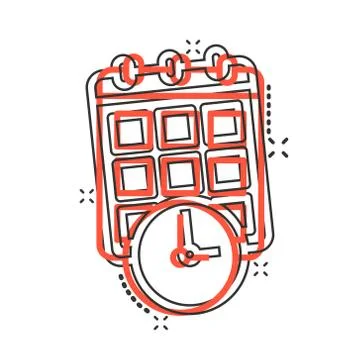 Calendar with clock icon in comic style. Agenda cartoon vector illustration o Stock Illustration