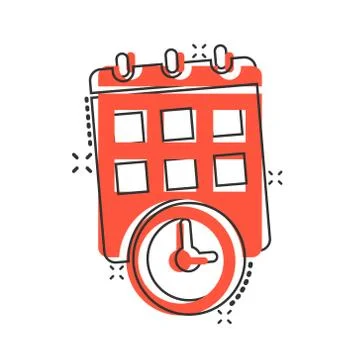 Calendar with clock icon in comic style. Agenda cartoon vector illustration o Ilustración de archivo