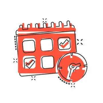 Calendar with clock icon in comic style. Agenda cartoon vector illustration o 스톡 일러스트