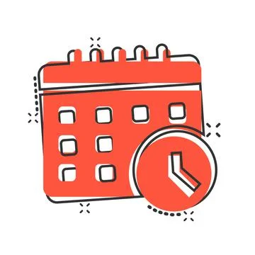 Calendar with clock icon in comic style. Agenda cartoon vector illustration o Ilustración de archivo