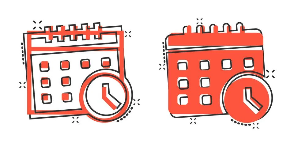 Calendar with clock icon in comic style. Agenda cartoon vector illustration o Ilustración de archivo