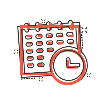 Calendar with clock icon in comic style. Agenda cartoon vector illustration o 库存插图