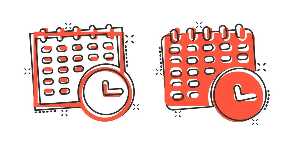 Calendar with clock icon in comic style. Agenda cartoon vector illustration o Ilustración de archivo