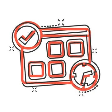 Calendar with clock icon in comic style. Agenda cartoon vector illustration o Illustrazione stock