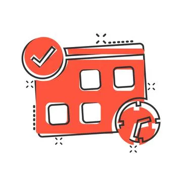 Calendar with clock icon in comic style. Agenda cartoon vector illustration o Stock Illustration