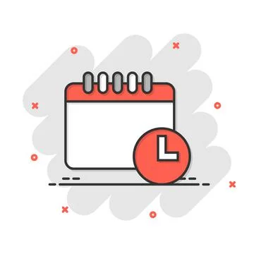 Calendar with clock icon in comic style. Agenda cartoon vector illustration o 库存插图