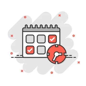 Calendar with clock icon in comic style. Agenda cartoon vector illustration o Illustrazione stock