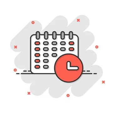 Calendar with clock icon in comic style. Agenda cartoon vector illustration o Ilustración de archivo