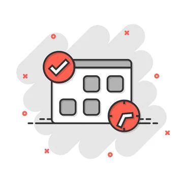 Calendar with clock icon in comic style. Agenda cartoon vector illustration o Illustrazione stock