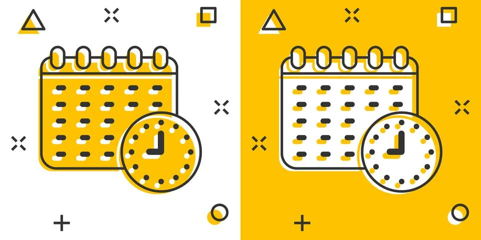 Calendar with clock icon in comic style. Agenda cartoon vector illustration o Stockillustratie
