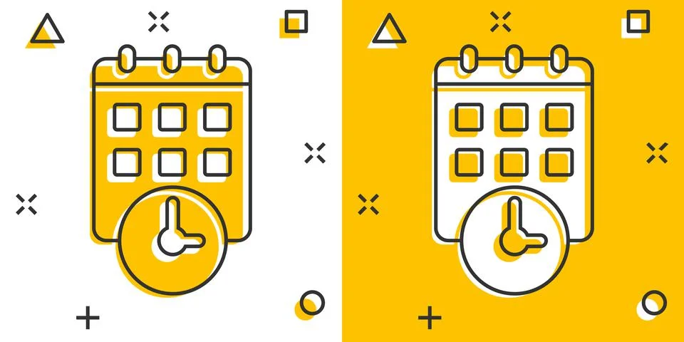 Calendar with clock icon in comic style. Agenda cartoon vector illustration o Illustrazione stock