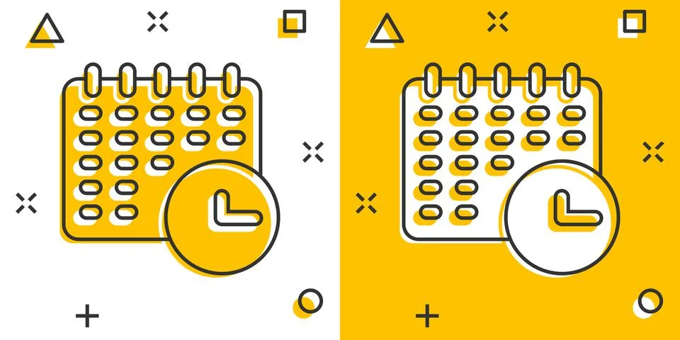 Calendar with clock icon in comic style. Agenda cartoon vector illustration o Stockillustratie