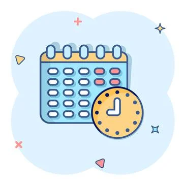 Calendar with clock icon in comic style. Agenda cartoon vector illustration o Illustrazione stock