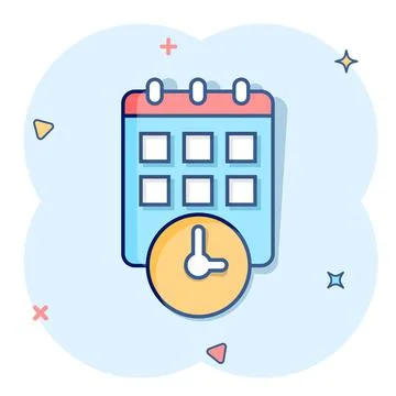 Calendar with clock icon in comic style. Agenda cartoon vector illustration o Illustrazione stock