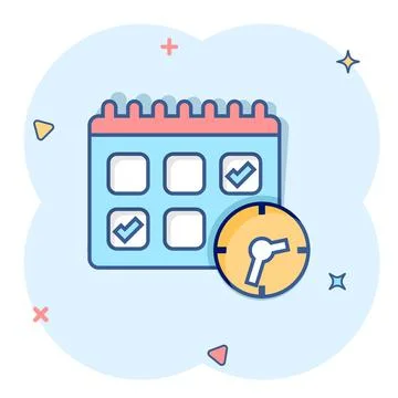 Calendar with clock icon in comic style. Agenda cartoon vector illustration o Ilustración de archivo