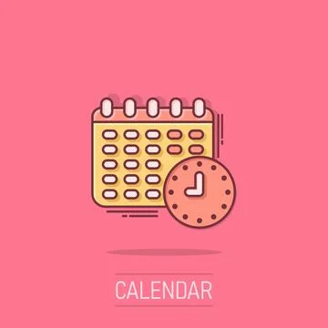 Calendar with clock icon in comic style. Agenda cartoon vector illustration.. 스톡 일러스트