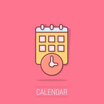 Calendar with clock icon in comic style. Agenda cartoon vector illustration.. 库存插图