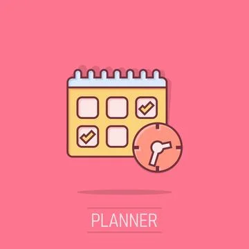 Calendar with clock icon in comic style. Agenda cartoon vector illustration.. Illustrazione stock