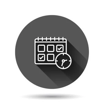 Calendar with clock icon in flat style. Agenda vector illustration on black r Illustrazione stock