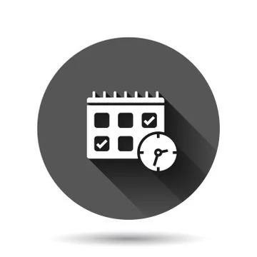 Calendar with clock icon in flat style. Agenda vector illustration on black r Stock Illustration