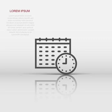 Calendar with clock icon in flat style. Agenda vector illustration on white.. 스톡 일러스트
