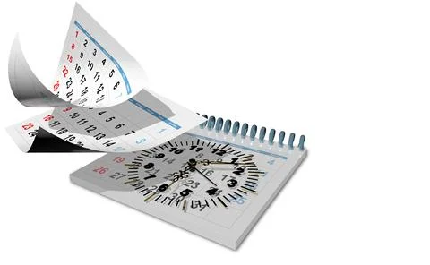 Calendar clock time flying pages isolated - 3d rendering Illustrazione stock