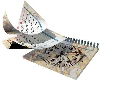 Calendar clock time flying pages isolated - 3d rendering Illustrazione stock
